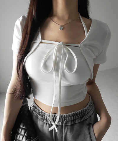 【 2点セット 】フロントリボンショートカーディガン+ ホルターキャミソール SET / front ribbon short cardigan + halter camisole SET