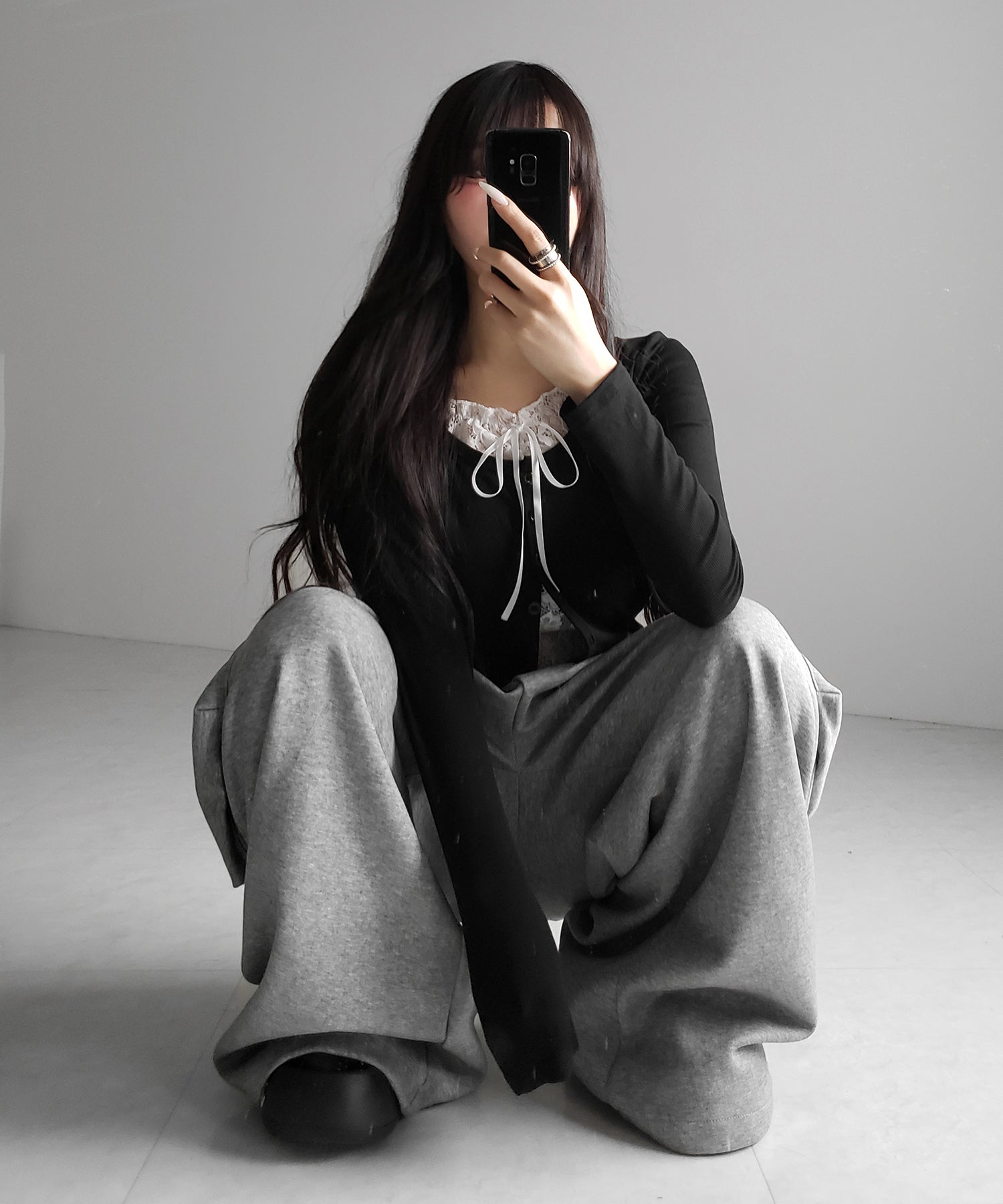 フロントリボンレースレイヤード長袖リブカーディガン /front ribbon lace layered long-sleeve rib cardigan