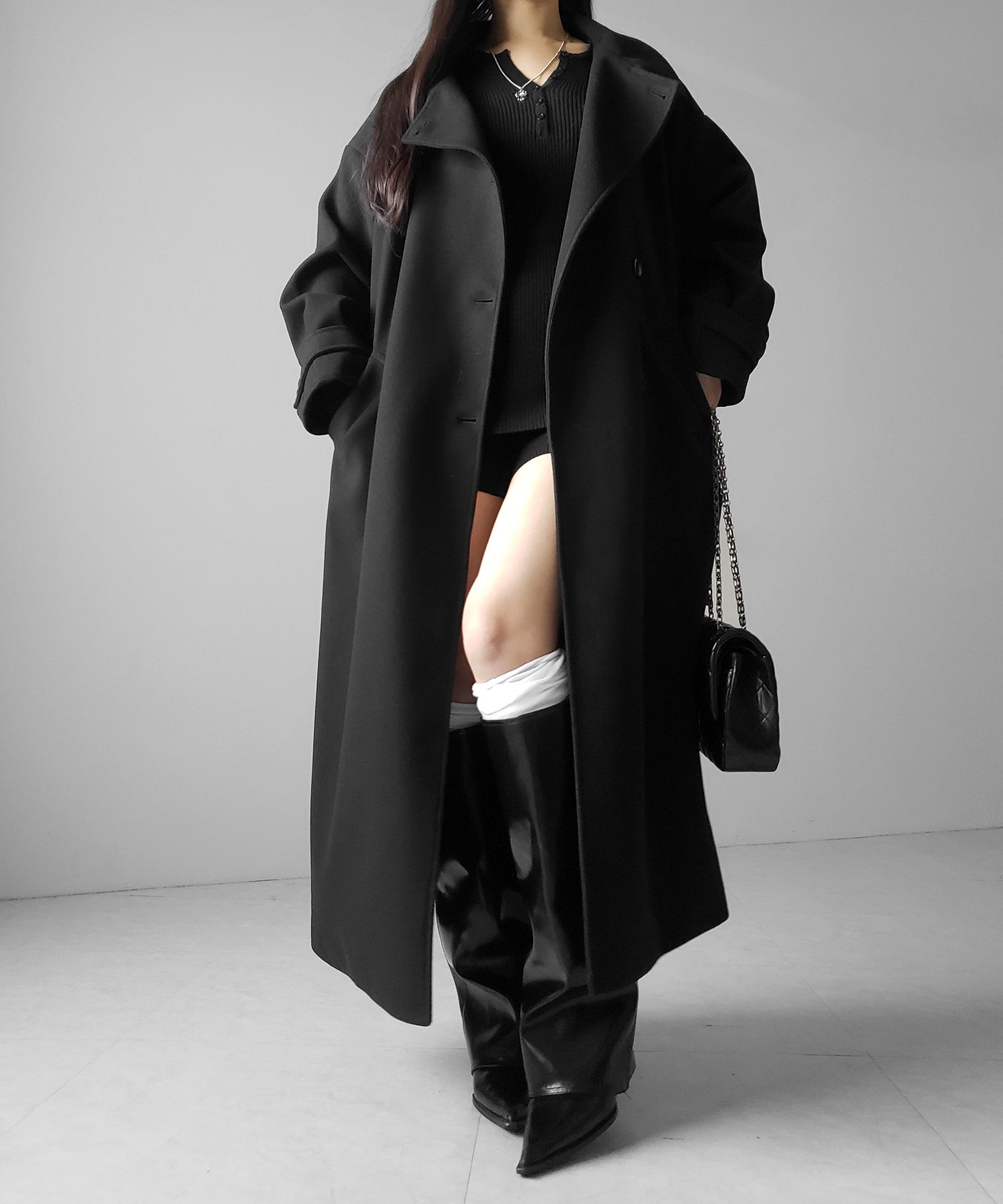 【 ウエストマークベルトSET 】2WAY スタンドカラーレディメルトントレンチロングコート / 2WAY stand collar lady melton trench long coat