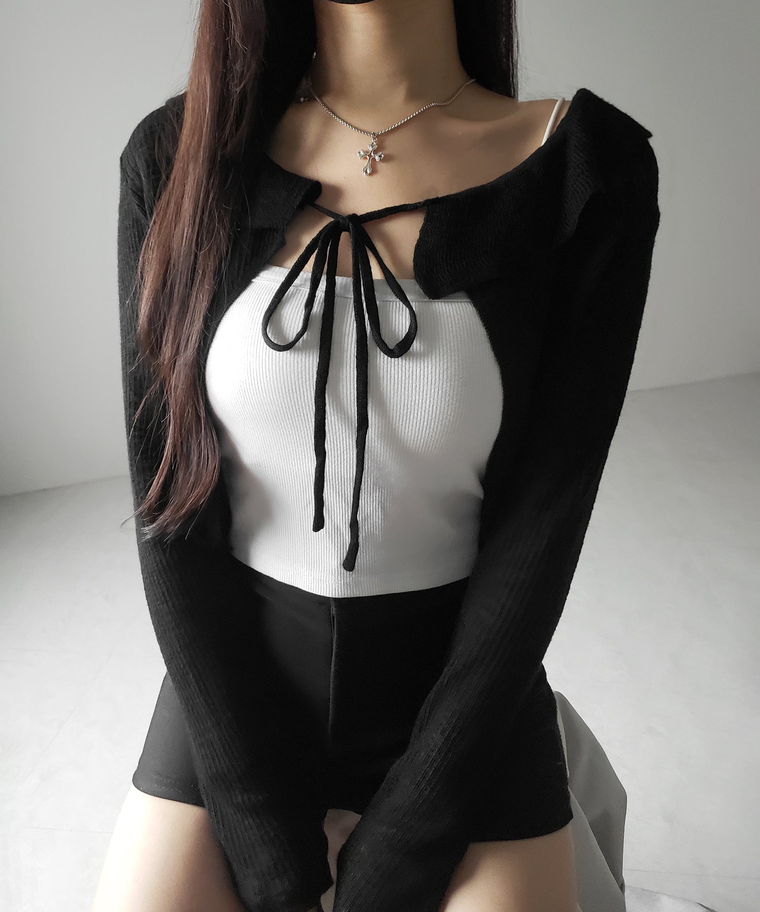 【 2color 】襟付きフロントリボンシアーニットショートカーディガン / collar front ribbon sheer knit short cardigan