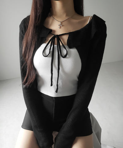 【 2color 】襟付きフロントリボンシアーニットショートカーディガン / collar front ribbon sheer knit short cardigan