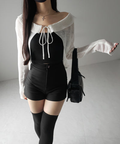 【 2color 】襟付きフロントリボンシアーニットショートカーディガン / collar front ribbon sheer knit short cardigan