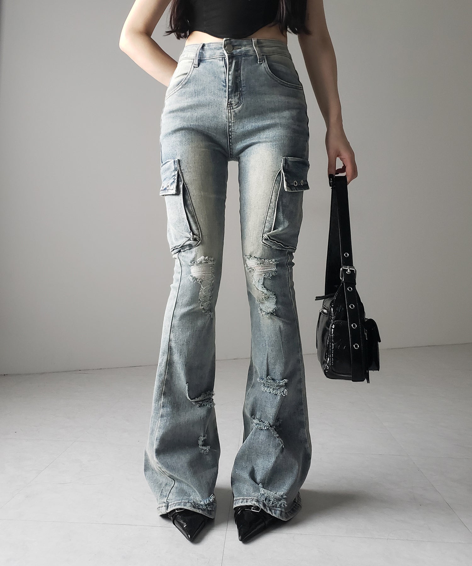 【 2color / 4size 】カーゴデザインヴィンテージライクダメージストレッチフレアデニム / cargo design vintage-like damage stretch flare denim