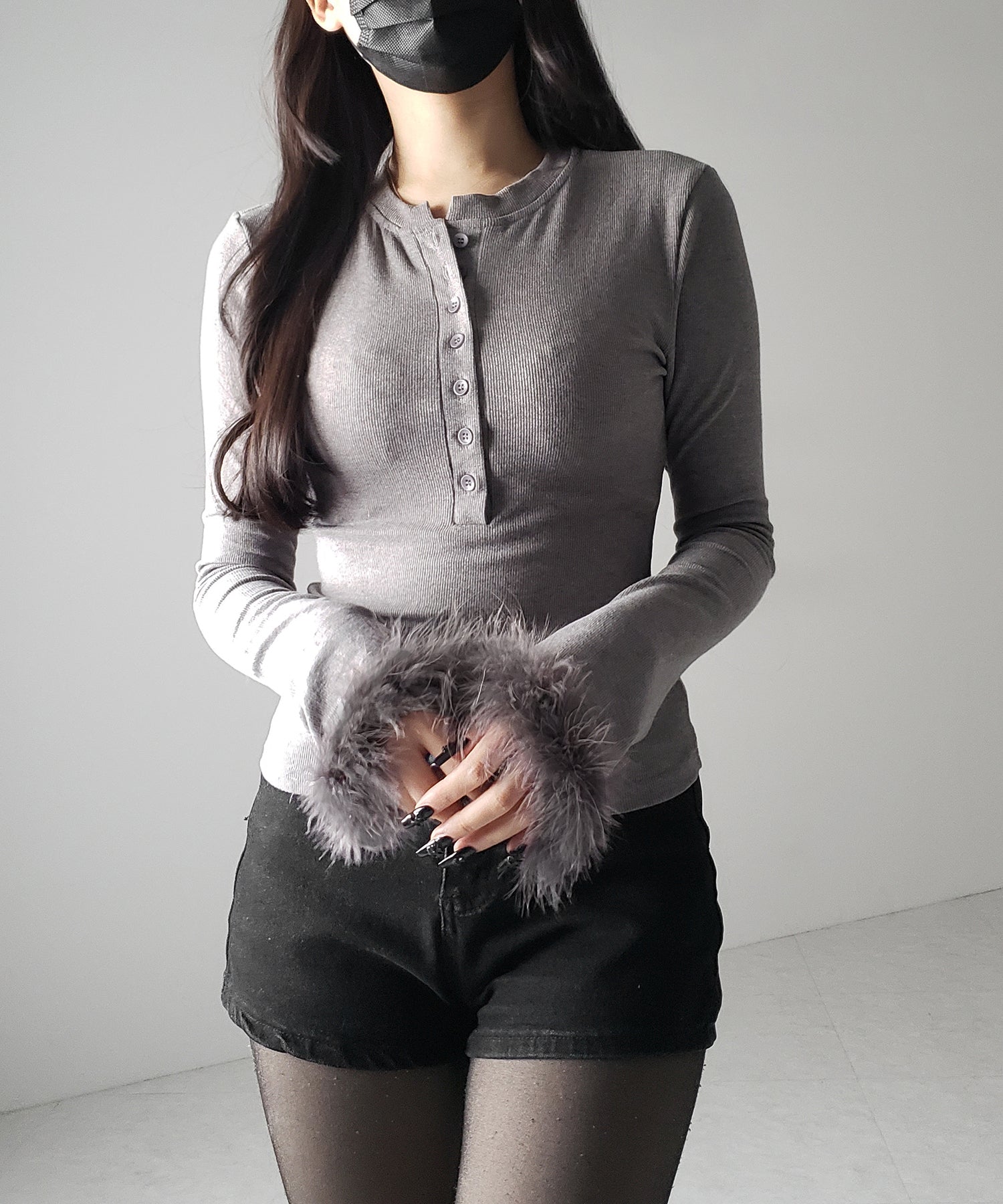 【 2color 】ファースリーブヘンリーネックリブトップス / fur sleeve henley neck lib tops