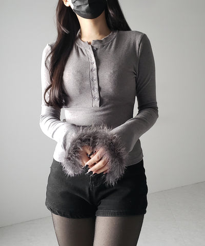 【 2color 】ファースリーブヘンリーネックリブトップス / fur sleeve henley neck lib tops