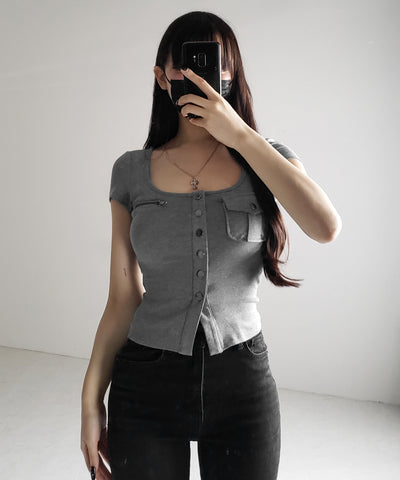 アウトポケットスクエアネックスリムTシャツ /Out pocket square neck slim T-shirt