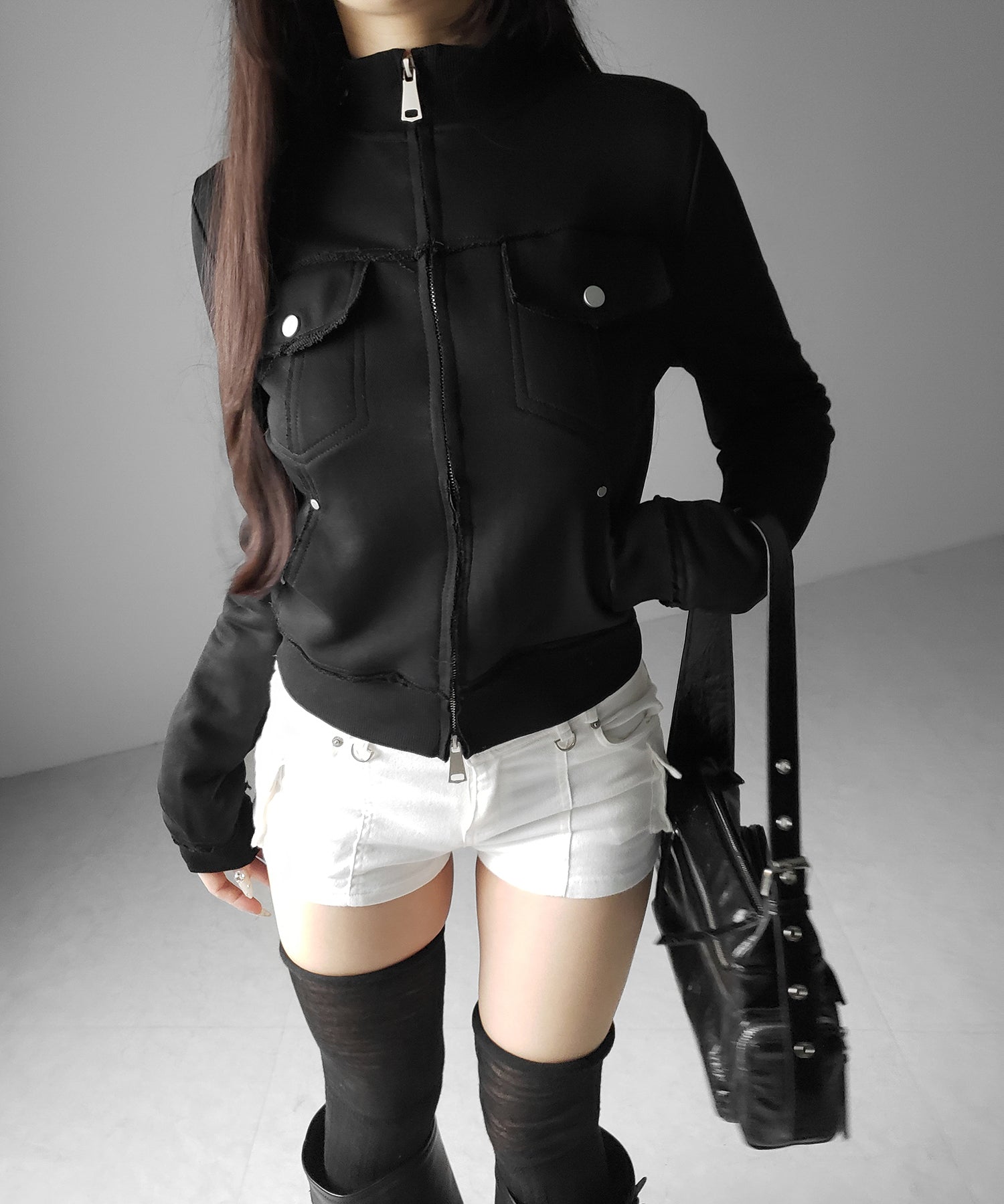 ダブルジップアウトポケット裏毛スリムジャケット / Double-zip outer pocket sweat slim jacket