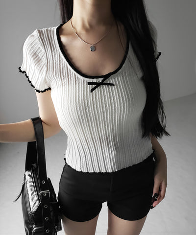 ミニリボンオープンネック半袖ニットトップス / mini ribbon open neck short sleeve knit tops