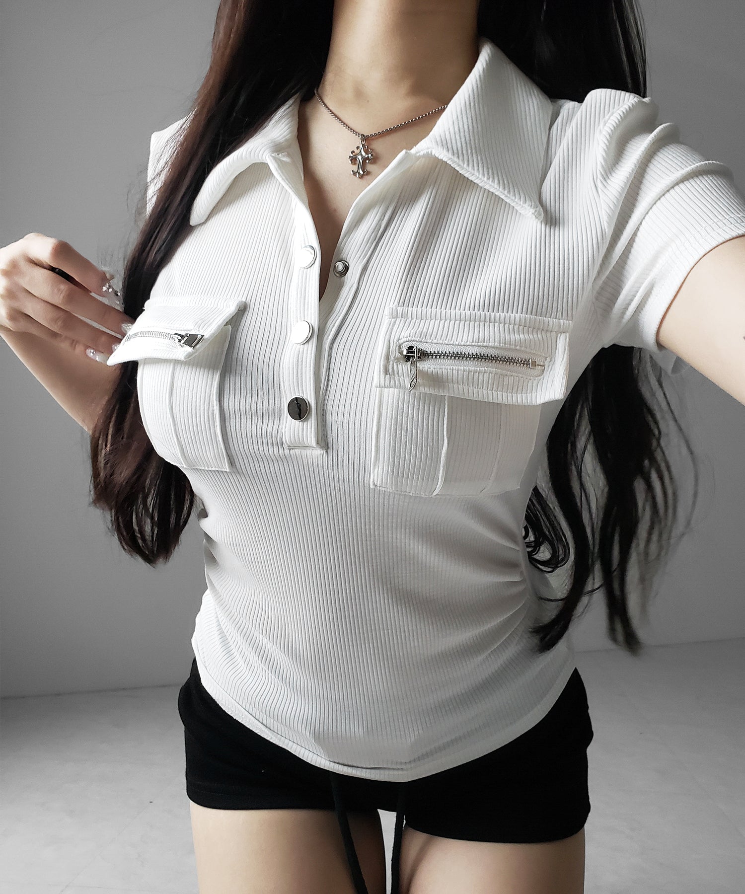 アウトポケットポロネックリブカットソートップス / out pocket polo neck rib cutsew tops