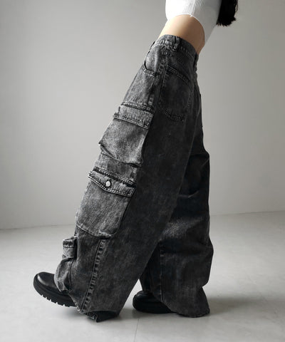 【 デニムセットアップ着用可能 】ヴィンテージケミカルブリーチヘビーワイドカーゴデニム / vintage chemical bleach heavy wide cargo denim