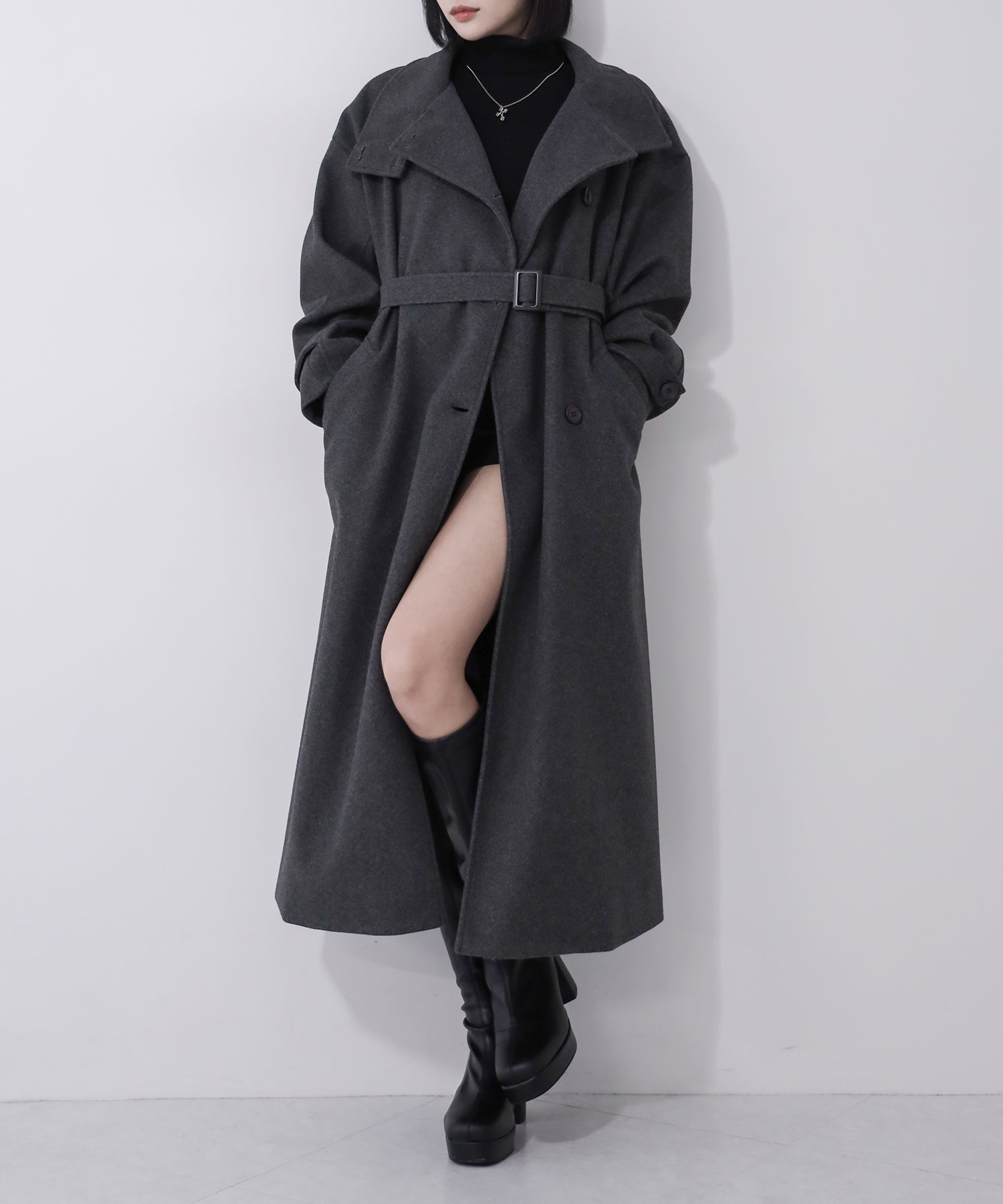 【 ウエストマークベルトSET 】2WAY スタンドカラーレディメルトントレンチロングコート / 2WAY stand collar lady melton trench long coat