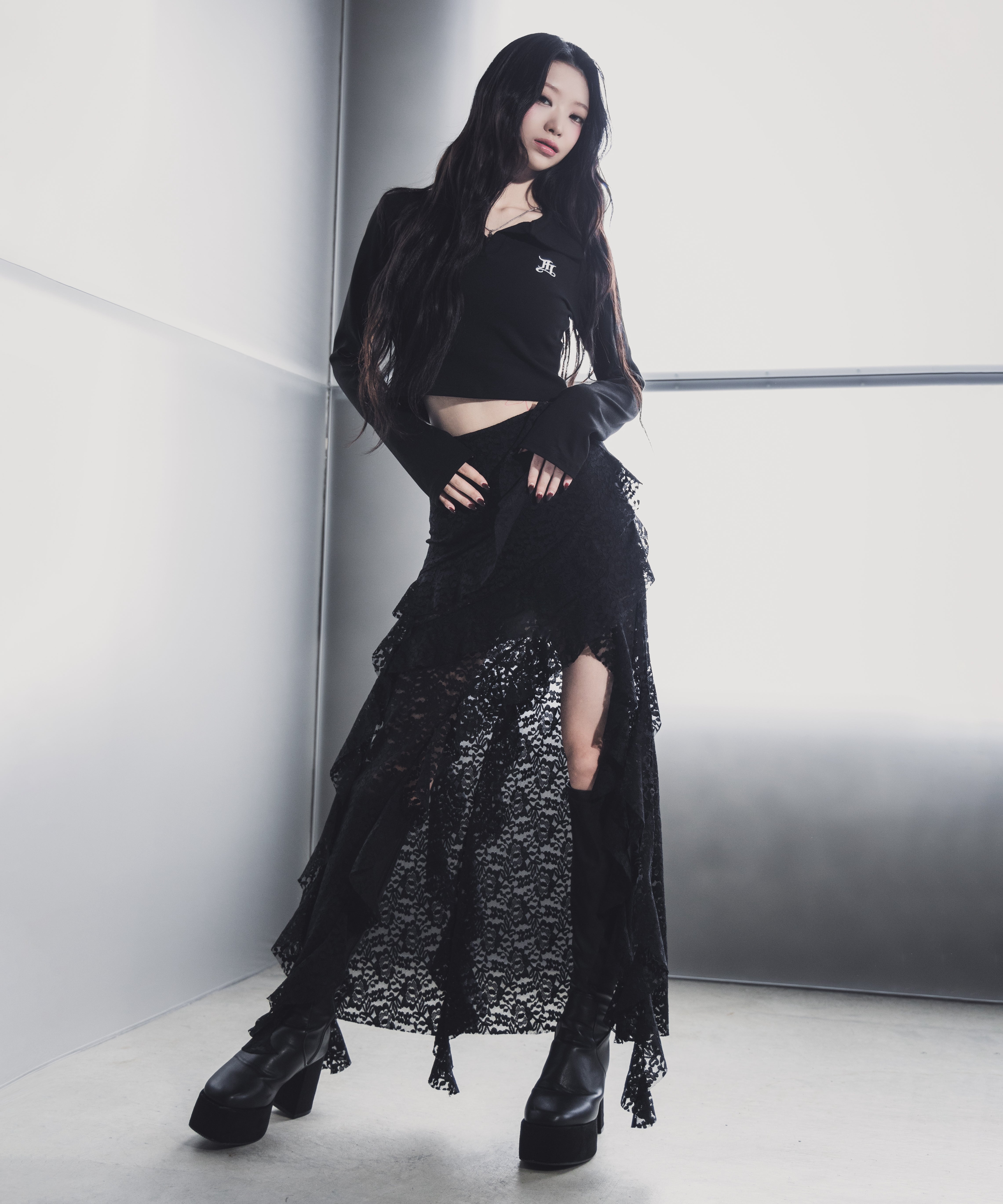 【 裏地付 】アシンメトリーフリルレーススリットロングスカート / asymmetry frill lace slit long skirt