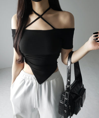 クロスネックアシメギャザーオフショルTシャツ / cross neck asymmetry gather off shoulder T-shirt
