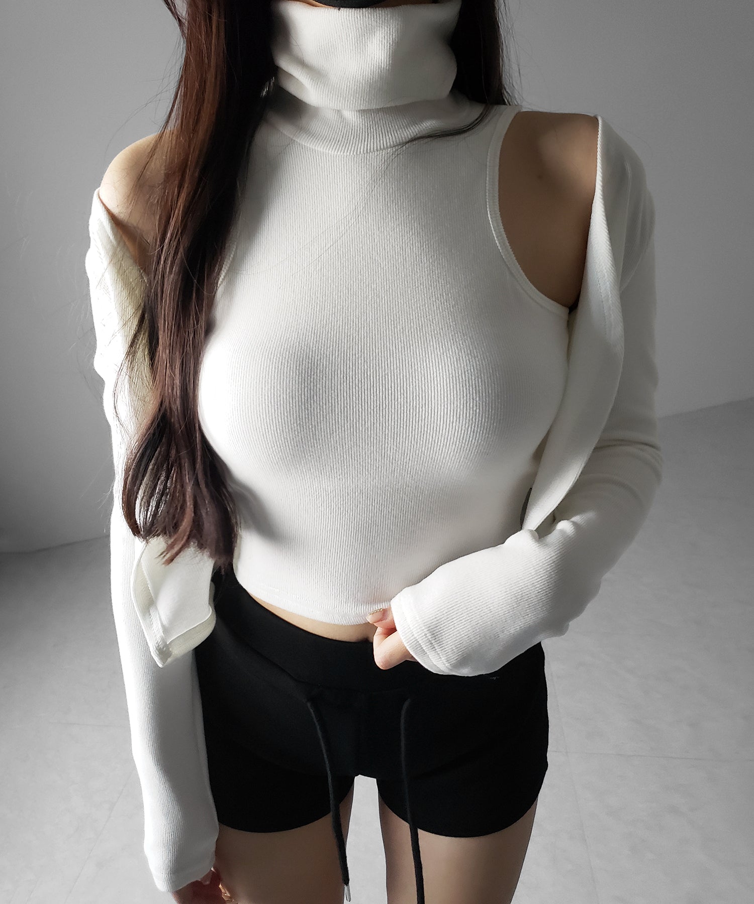 【 裏微起毛 / 2点セット 】ハイネックノースリーブトップス + ショートカーディガン SET / high neck nosleeve tops + short cardigan SET