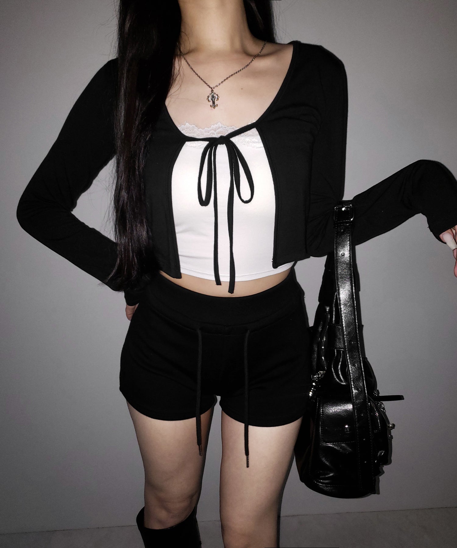 【 2color 】フロントリボンカットソーショートカーディガン / front ribbon cutsew short cardigan