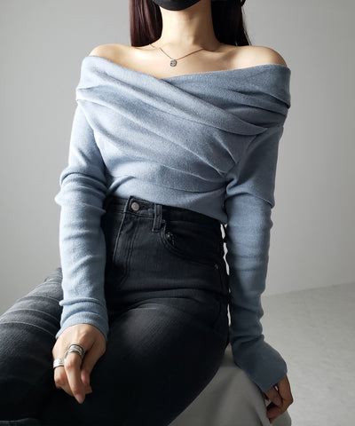 タックデザインドレープオフショルダーリブニット