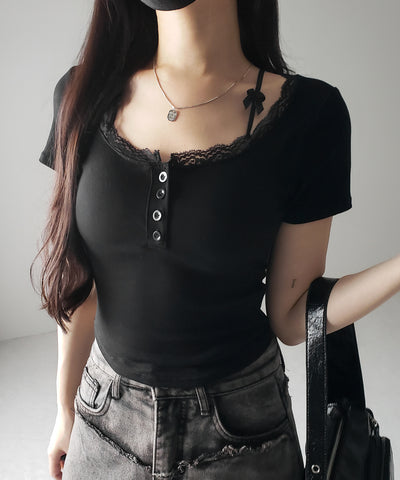 ストラップダブルリボンスクエアネックTシャツ / strap double ribbon square neck T-shirt