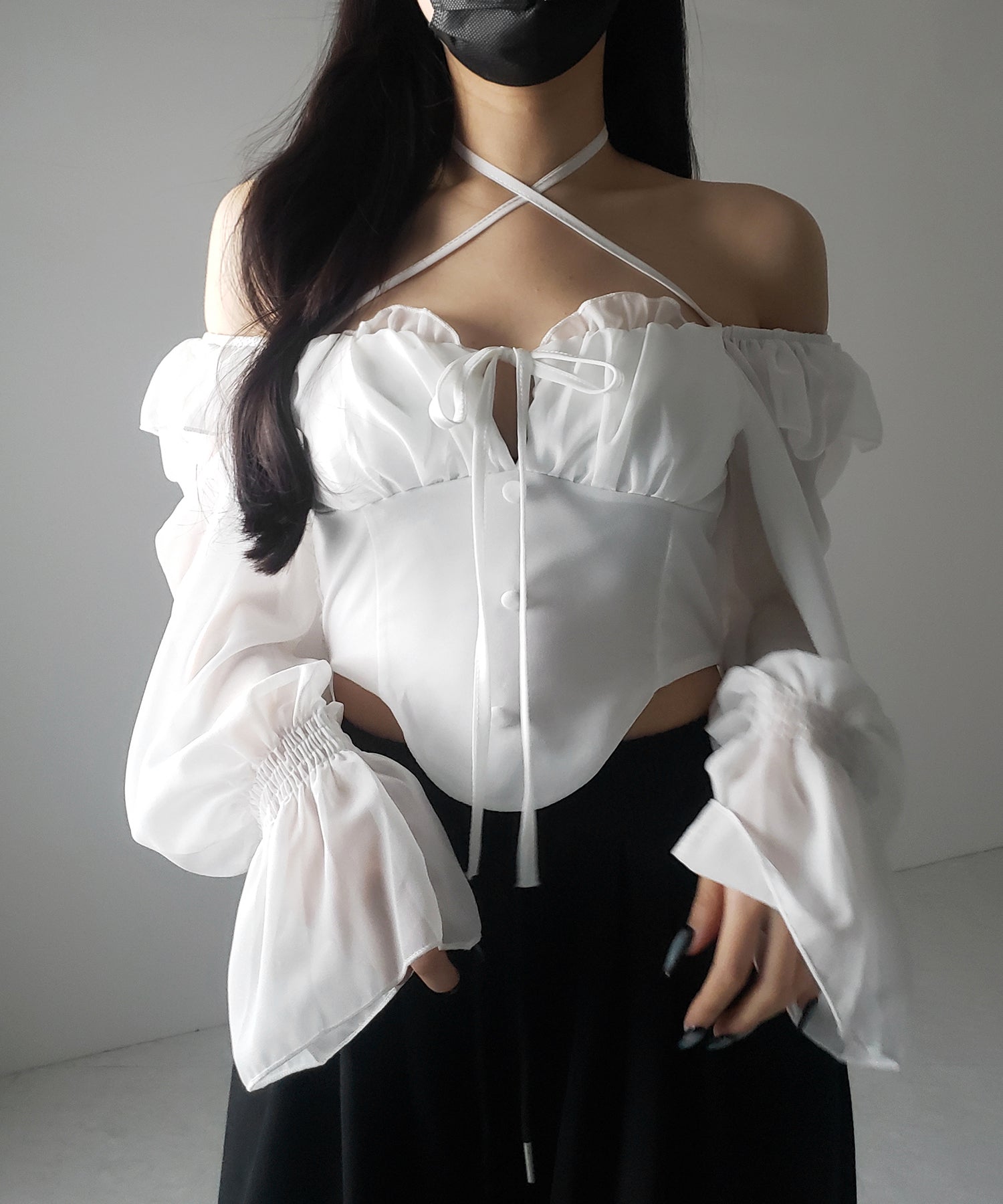 【 2WAY 】フロントリボンクロスネックオフショルシフォンブラウス / front ribbon cross neck off-shoulder chiffon blouse