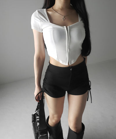 ダブルジップコルセットスクエアネックTシャツ / double zip corset square neck T-Shirt