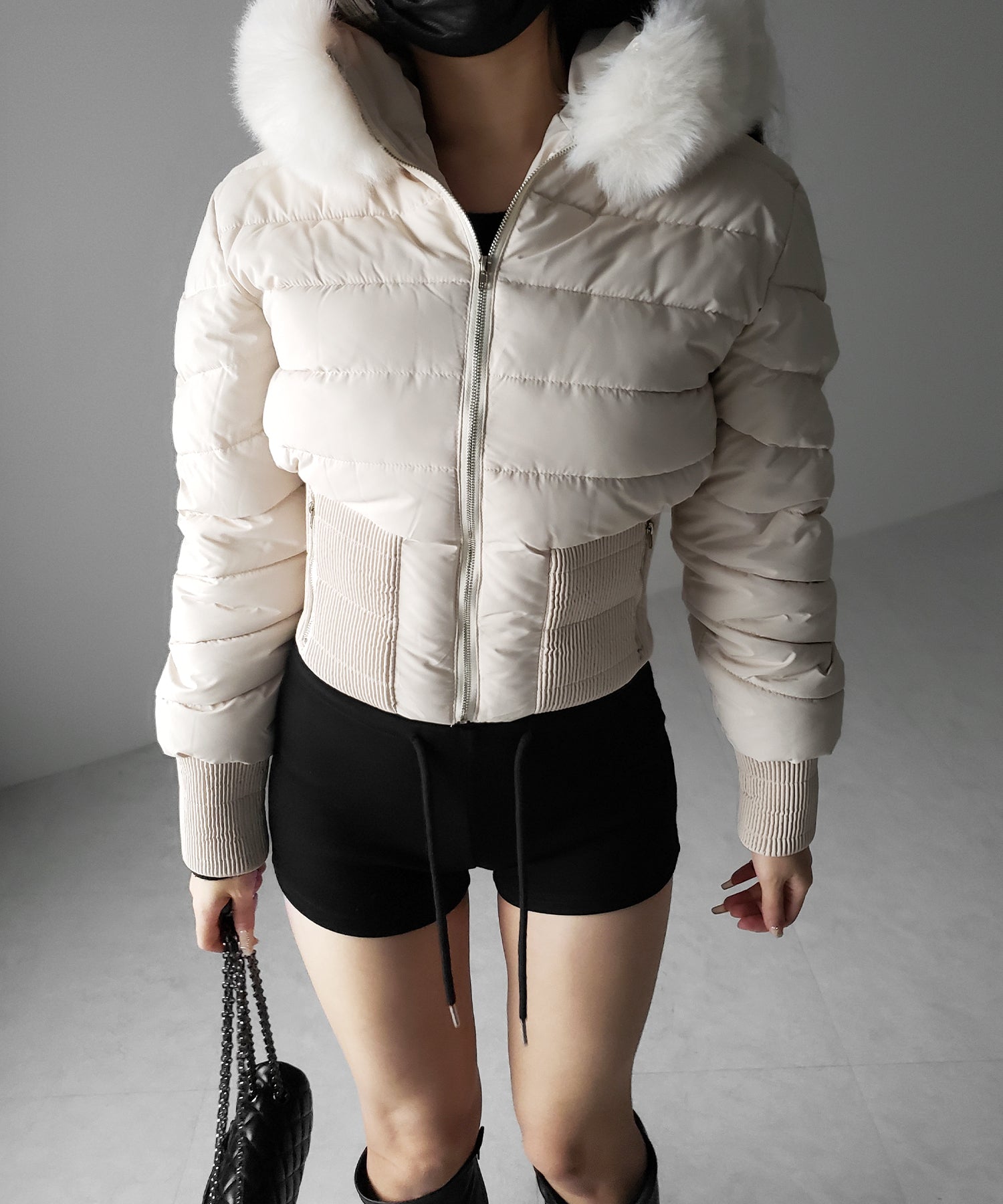 ウエストマークファーフードレディフェイクダウンジャケット / waist mark fur hooded lady fake down jacket