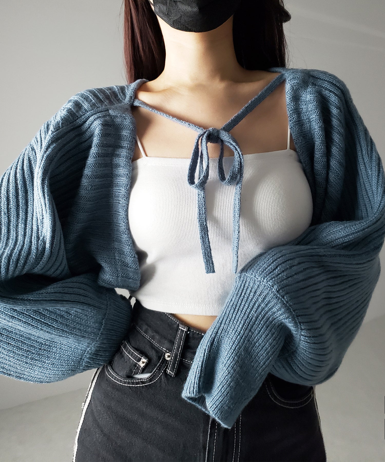 【 9color 】2WAYリボンモヘアライクショートリブニットカーデ