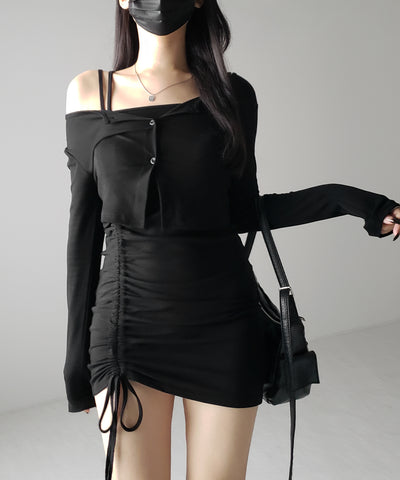 【 2点セット 】シャーリングサイドリボンミニワンピース & カーディガン SET / shirring side ribbon mini onepiece & cardigan SET