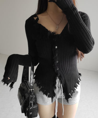 ダメージフリンジリブニットスリムカーディガン / damage fringe rib knit slim cardigan
