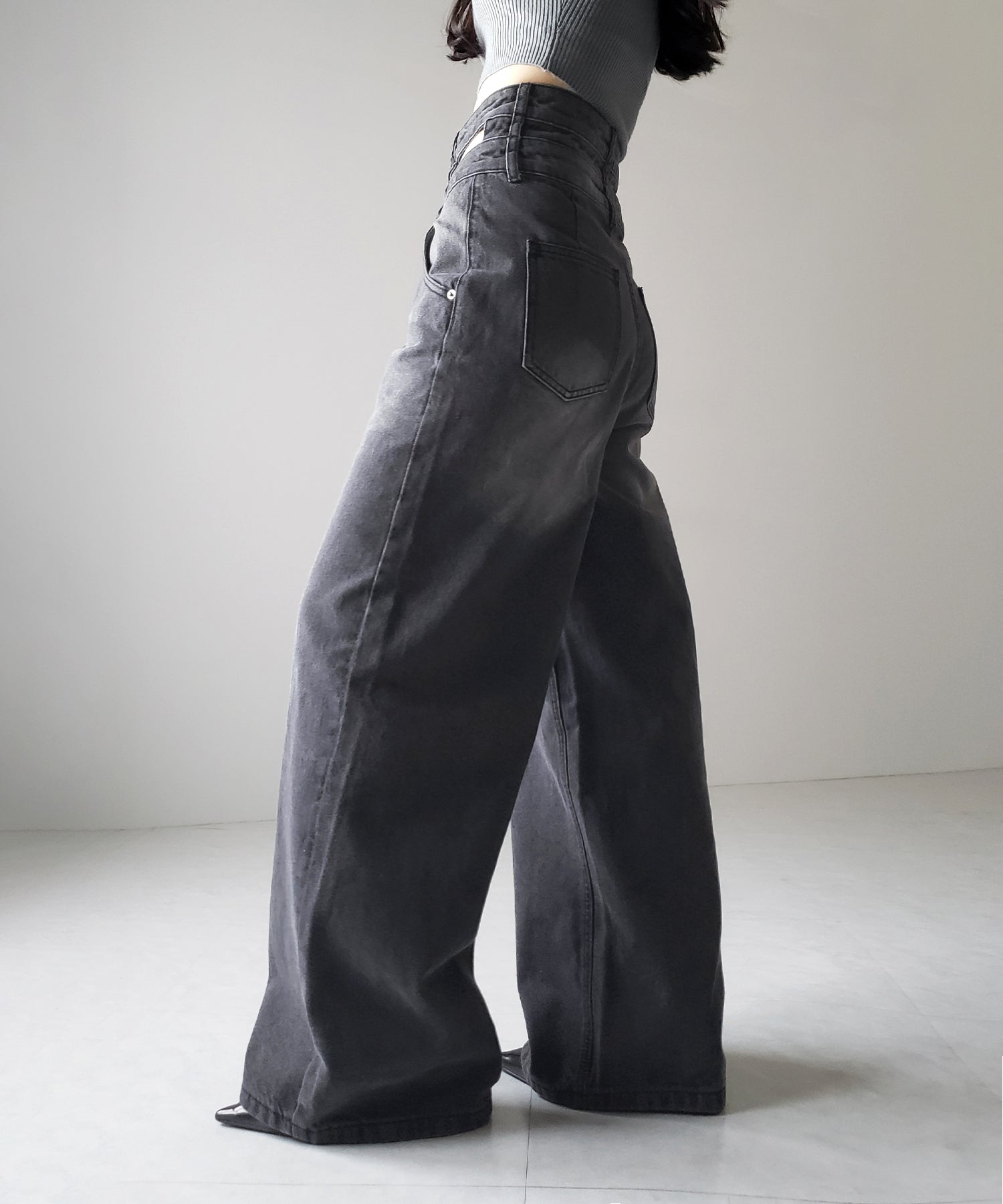 【2color /4size 】カットアウトダブルハイウエストワイドデニム / cutout double high waist wide denim