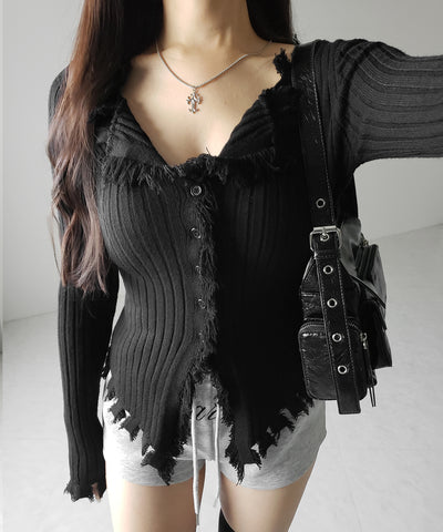 ダメージフリンジリブニットスリムカーディガン / damage fringe rib knit slim cardigan