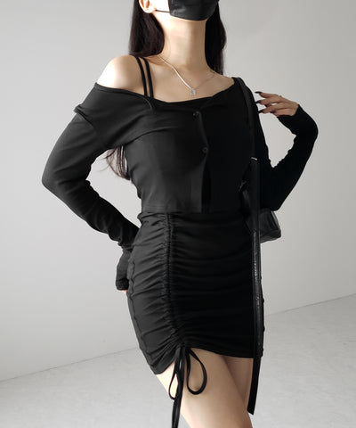 【 2点セット 】シャーリングサイドリボンミニワンピース & カーディガン SET / shirring side ribbon mini onepiece & cardigan SET