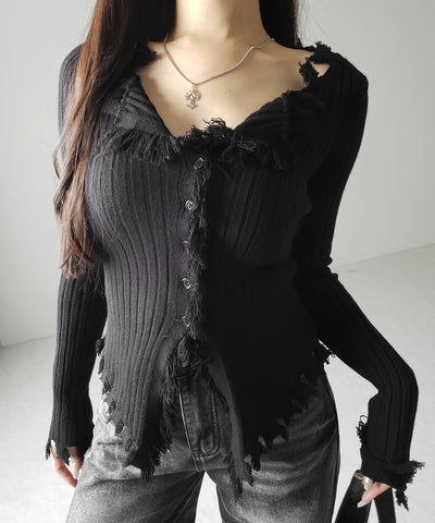 ダメージフリンジリブニットスリムカーディガン / damage fringe rib knit slim cardigan