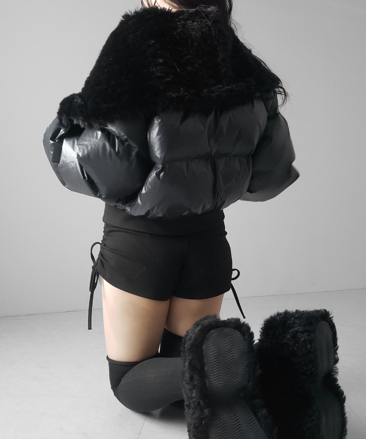 フェイクファー襟レディパフショートダウンジャケット / fakefur collar lady puff short down jacket