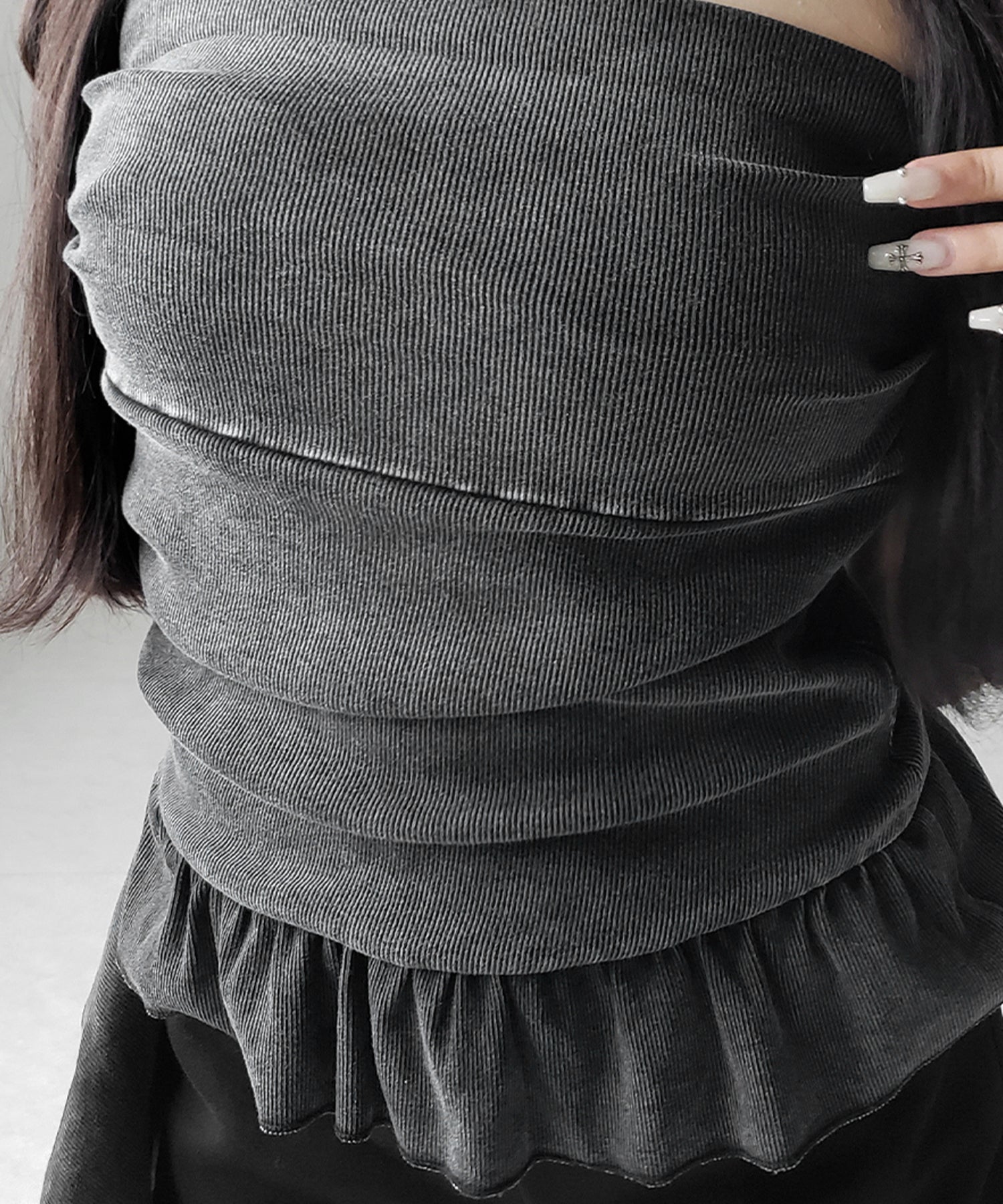 【 2color 】ヴィンテージピグメントフリルベアトップス / vintage pigment frill bare tops