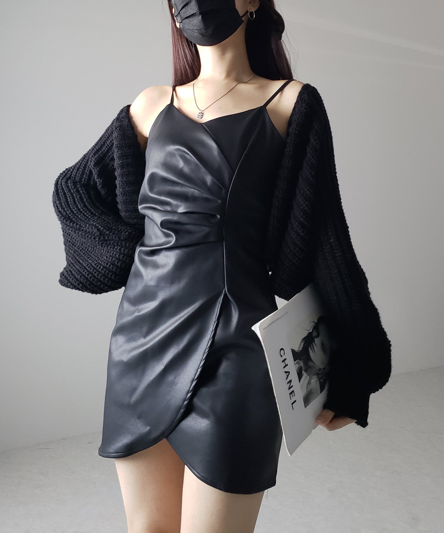 サイドタックフェイクレザーミニキャミワンピース / side tack fake leather mini cami onepiece