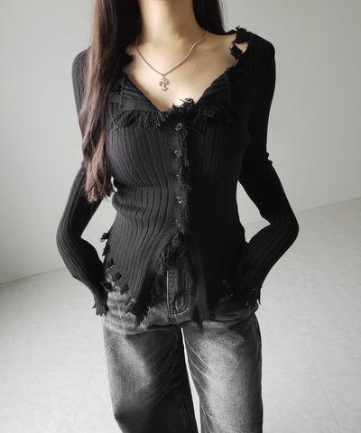 ダメージフリンジリブニットスリムカーディガン / damage fringe rib knit slim cardigan