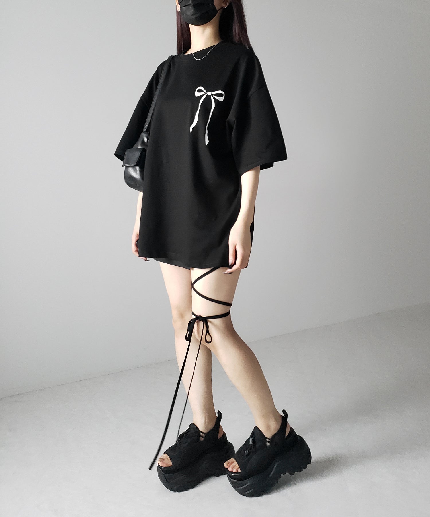 【 3color 】半袖リボンプリントバレエコアビッグTシャツ / short sleeve ribbon print ballet core big Tee
