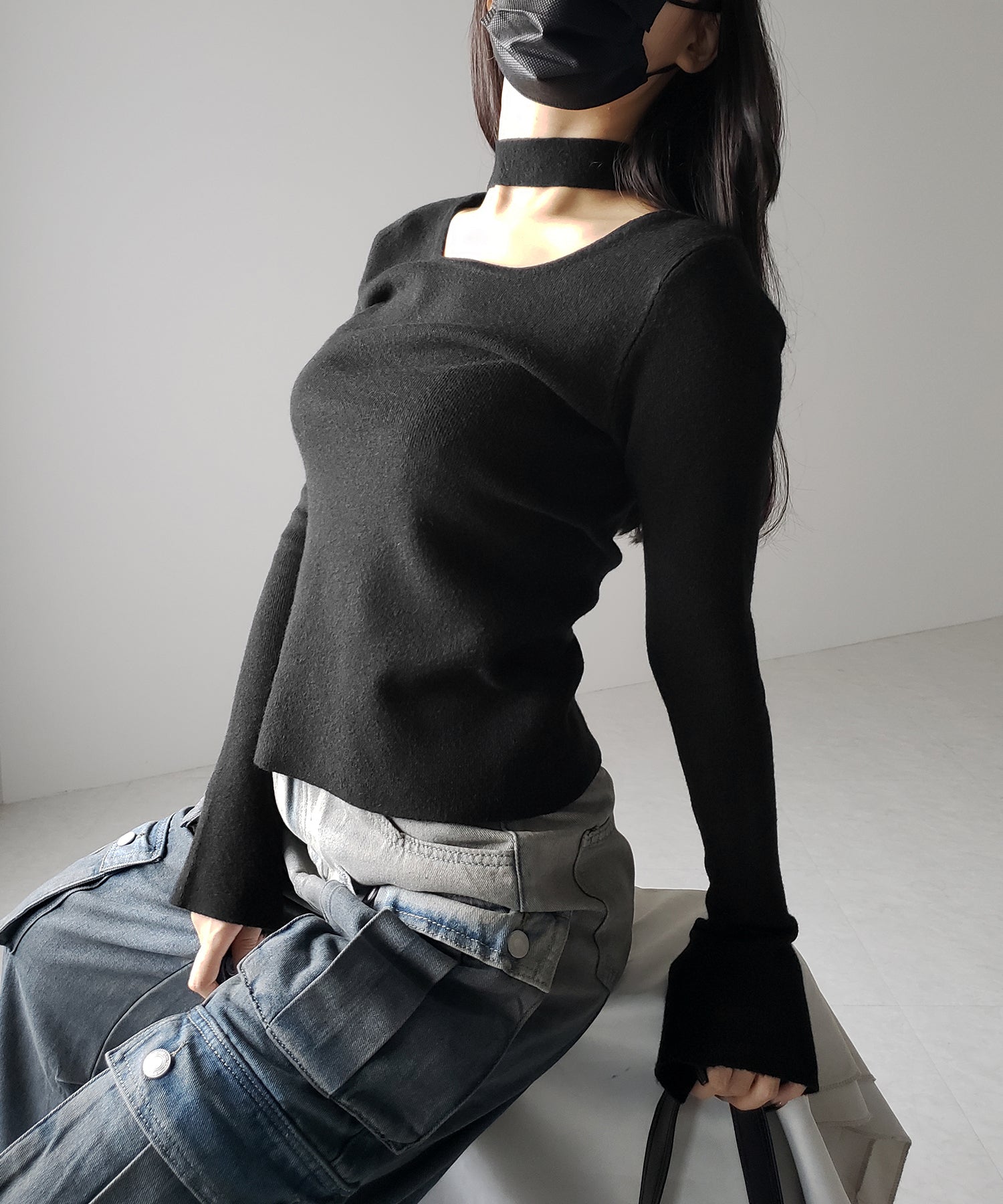 【 2color 】チョーカーリブニットトップス /choker lib knit tops