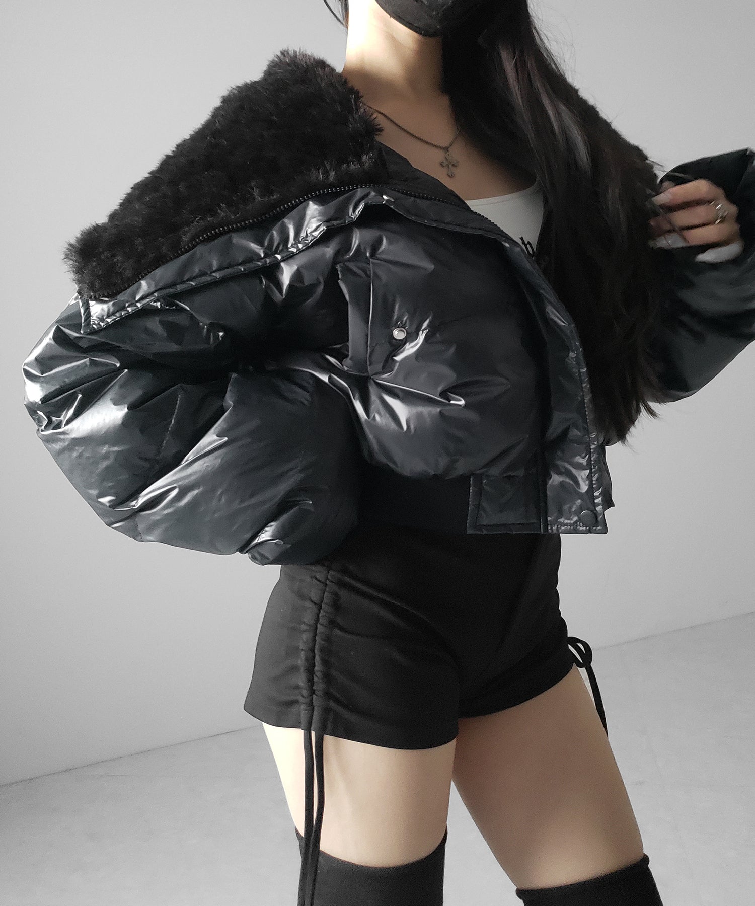 フェイクファー襟レディパフショートダウンジャケット / fakefur collar lady puff short down jacket