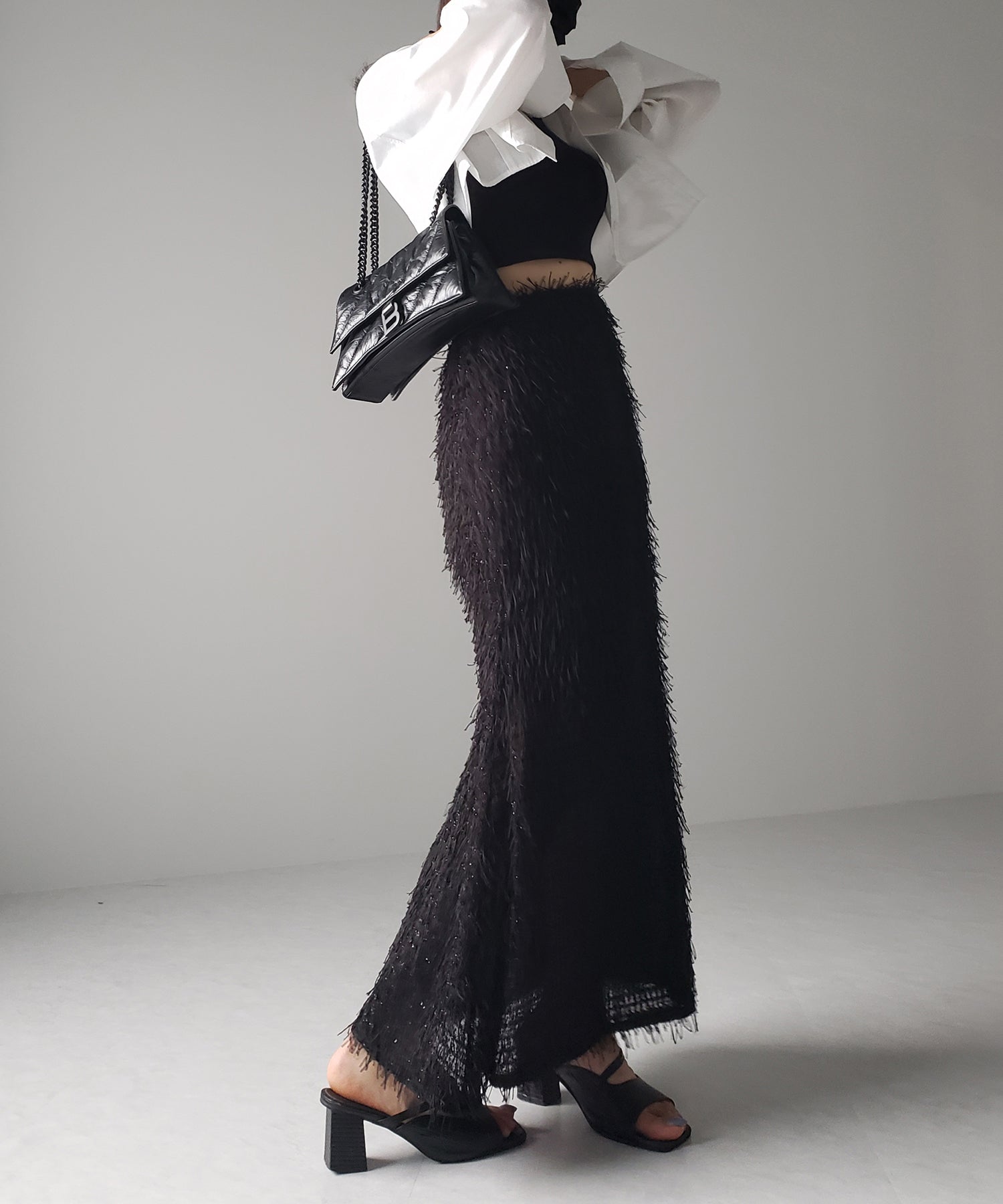 シャギーフリンジロングマーメイドスカート /shaggy fringe long mermaid skirt