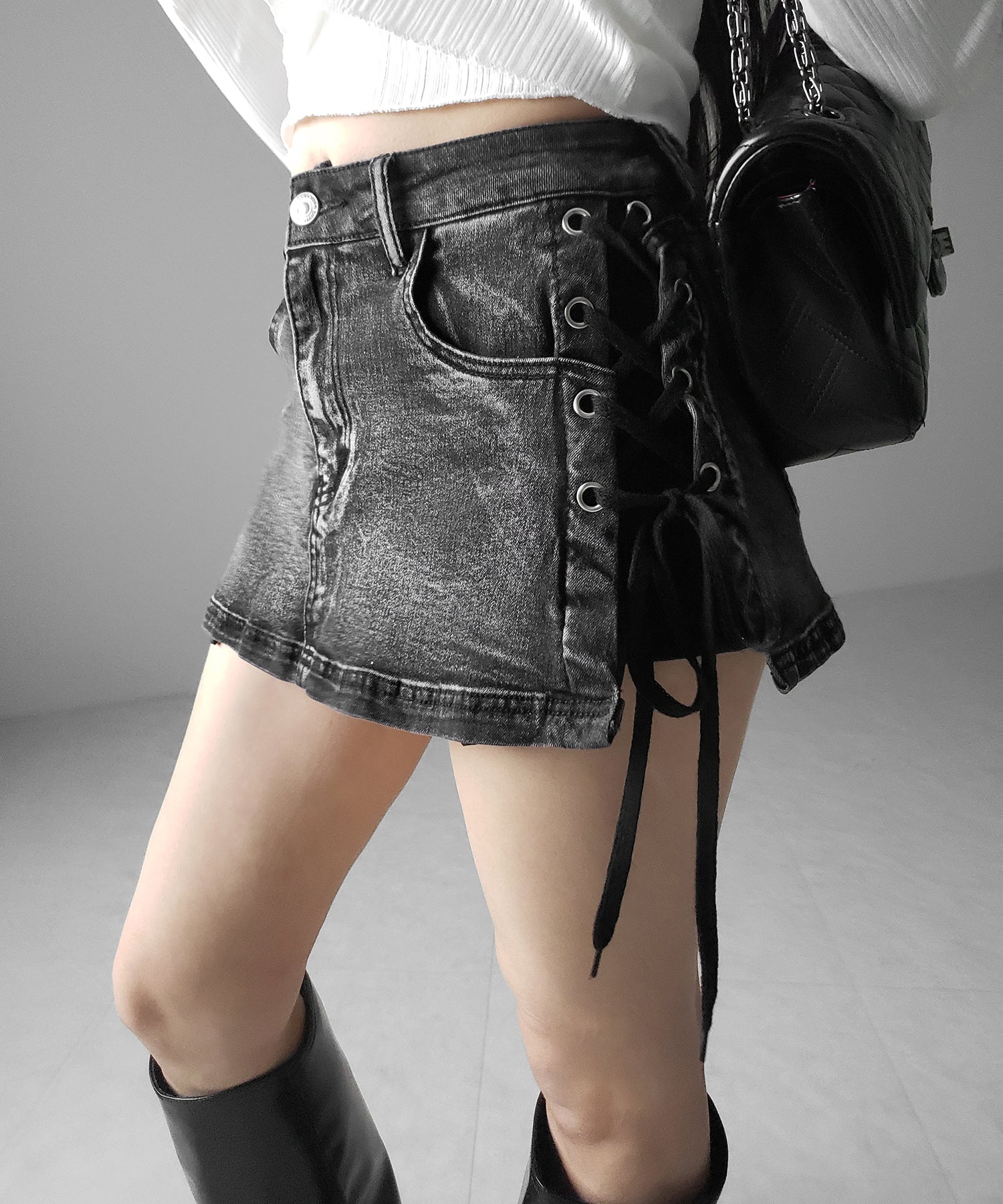 【 インパン裏地付き 】レースアップマイクロデニムミニスカパン / Lace-up micro denim mini skirt pants
