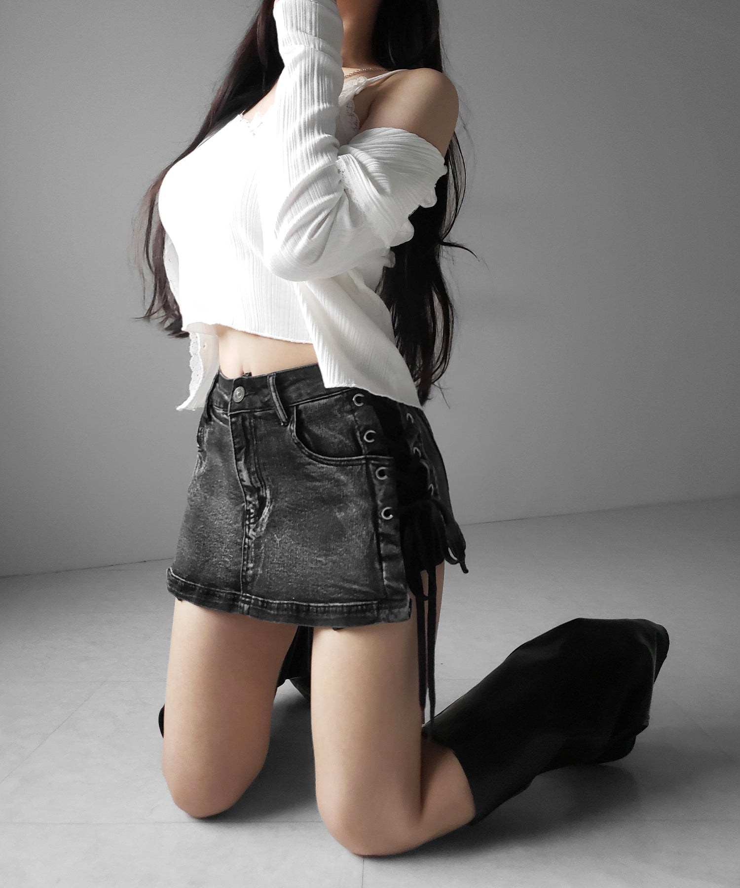 【 インパン裏地付き 】レースアップマイクロデニムミニスカパン / Lace-up micro denim mini skirt pants