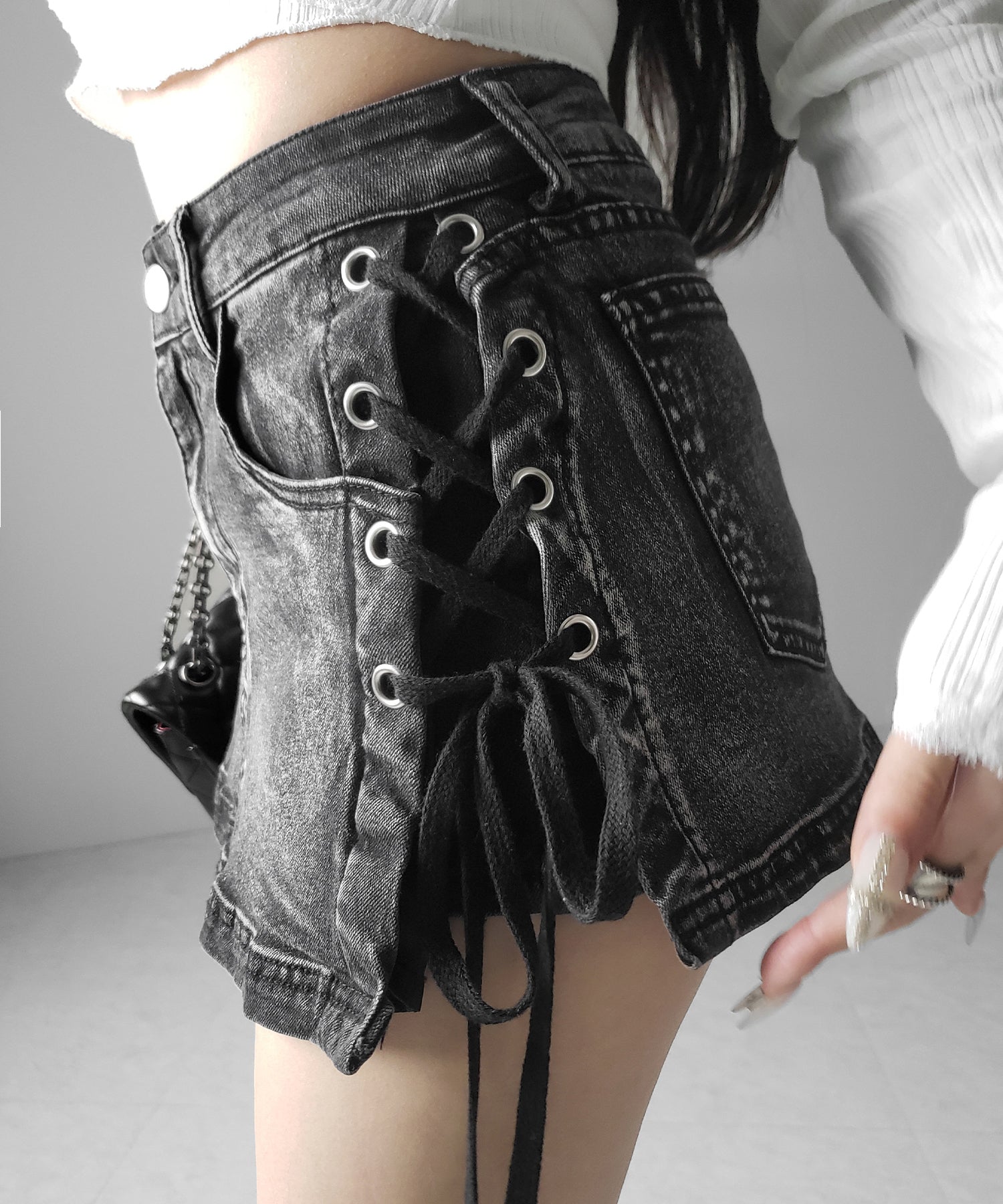 【 インパン裏地付き 】レースアップマイクロデニムミニスカパン / Lace-up micro denim mini skirt pants