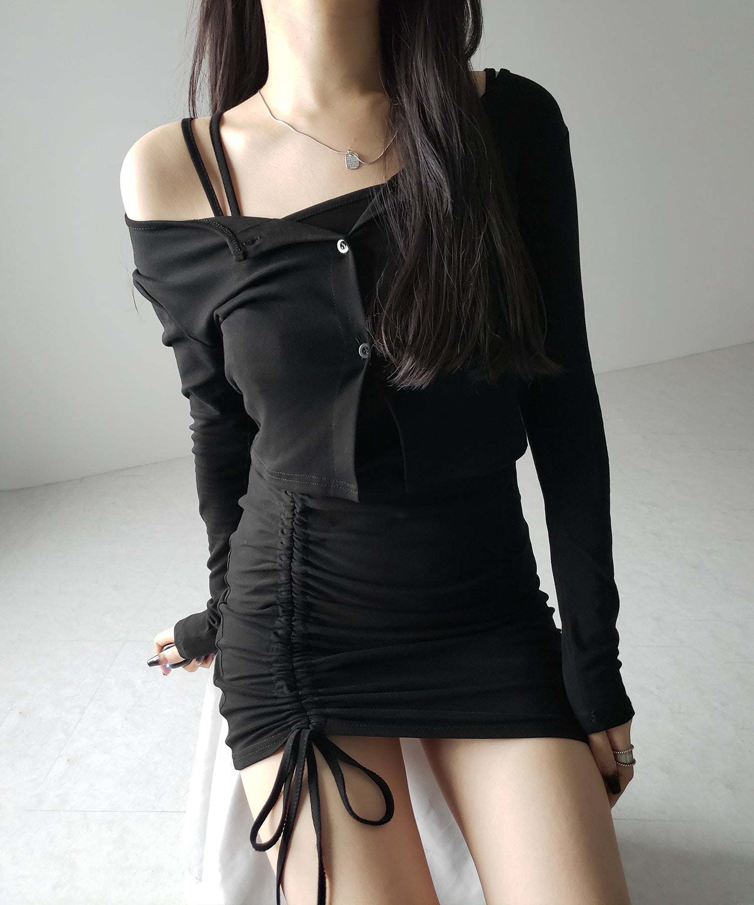 【 2点セット 】シャーリングサイドリボンミニワンピース & カーディガン SET / shirring side ribbon mini onepiece & cardigan SET