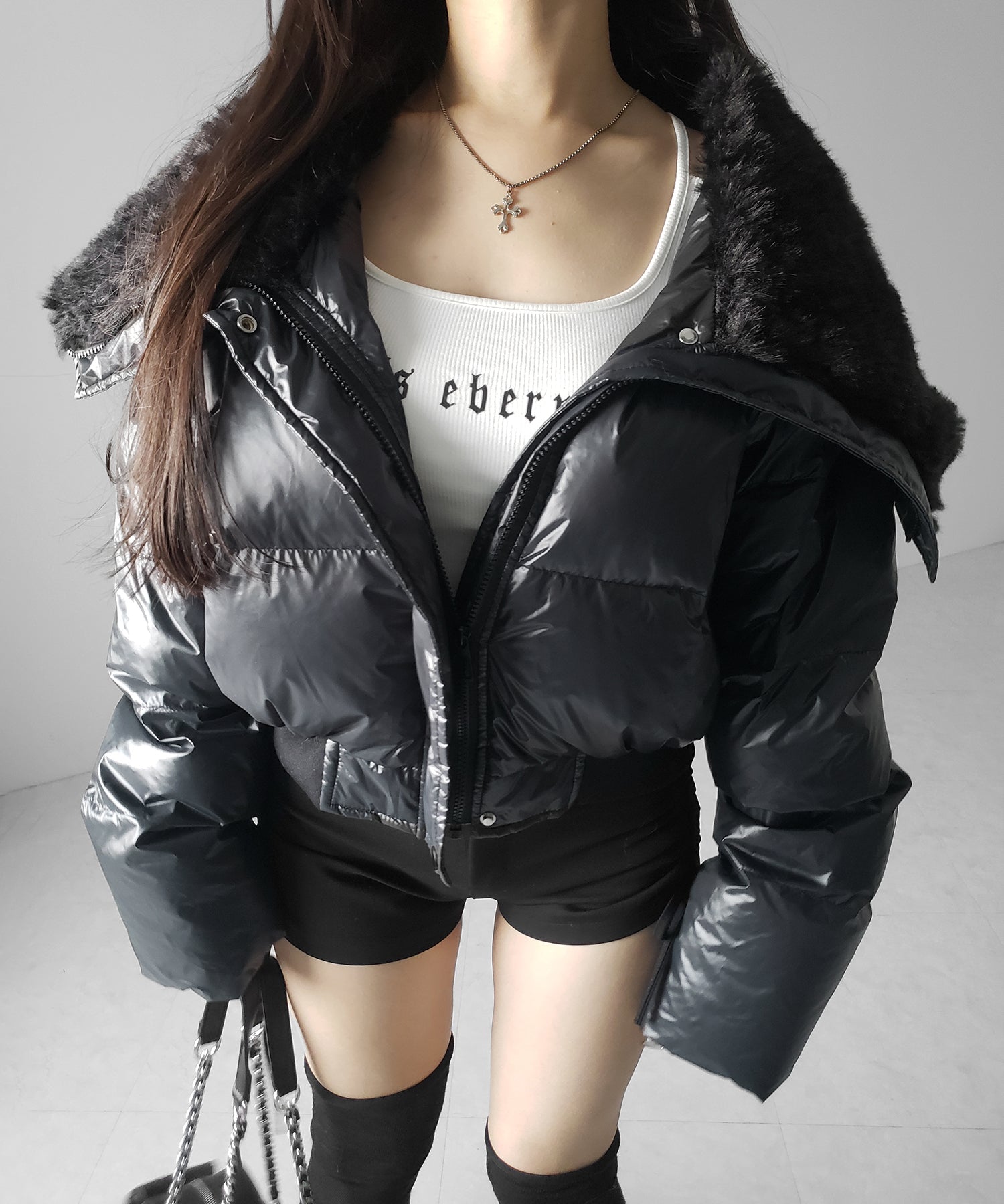 フェイクファー襟レディパフショートダウンジャケット / fakefur collar lady puff short down jacket