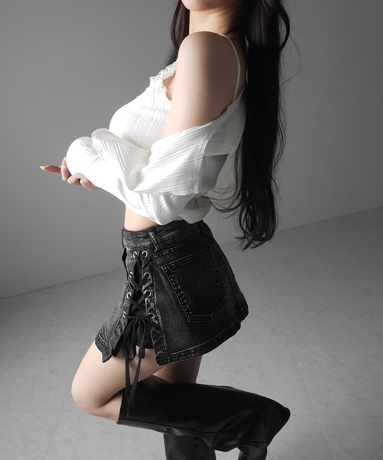 【 インパン裏地付き 】レースアップマイクロデニムミニスカパン / Lace-up micro denim mini skirt pants