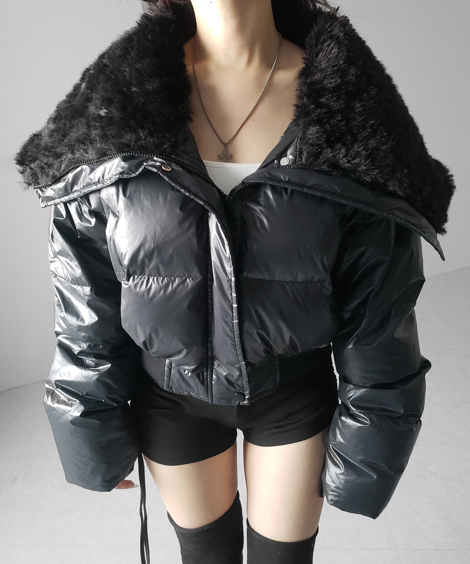 フェイクファー襟レディパフショートダウンジャケット / fakefur collar lady puff short down jacket