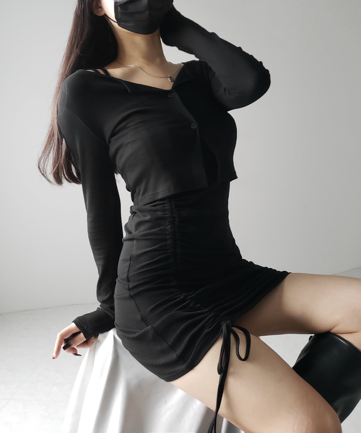 【 2点セット 】シャーリングサイドリボンミニワンピース & カーディガン SET / shirring side ribbon mini onepiece & cardigan SET