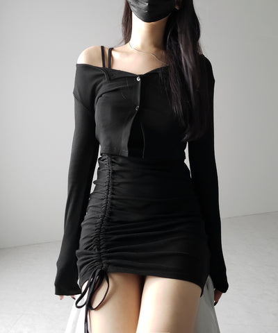 【 2点セット 】シャーリングサイドリボンミニワンピース & カーディガン SET / shirring side ribbon mini onepiece & cardigan SET