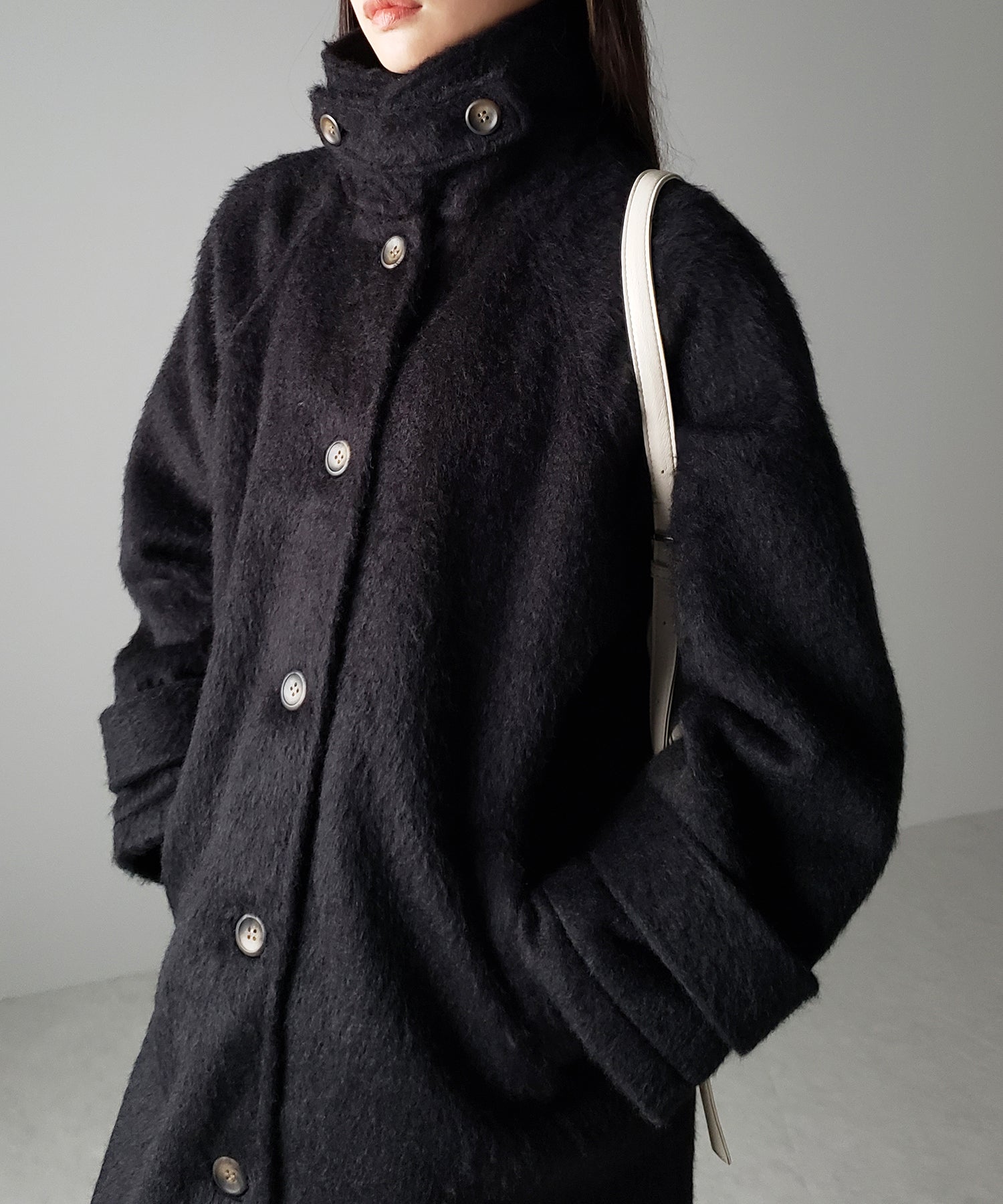 【 3color / 2WAY 】オーバーサイズスタンドカラーシャギーメルトンロングコート