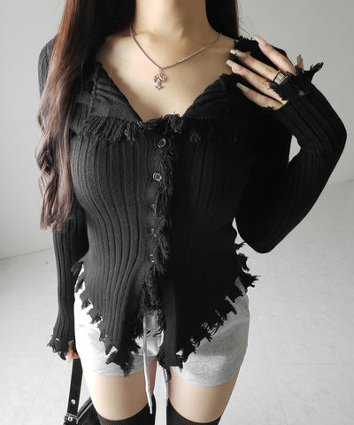 ダメージフリンジリブニットスリムカーディガン / damage fringe rib knit slim cardigan